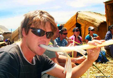 Travelers sampling totora reed at the Floating Islands of Ur