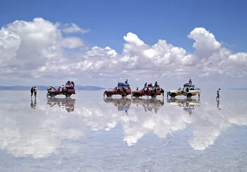 A caravan crossing Uyuni Salar, the world's largest salt fla