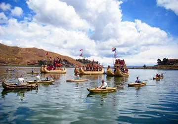 Traditional totora reed boats on Lake Titicaca