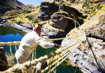 Rebuilding Qeswachaka bridge near Cusco, Peru