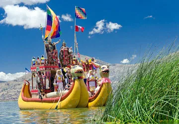 Totora reed boats on Lake Titicaca, Puno, Peru