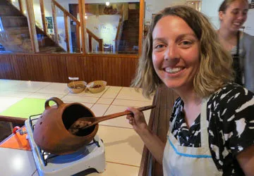 Roasting cacao nibs in the Choco Museum