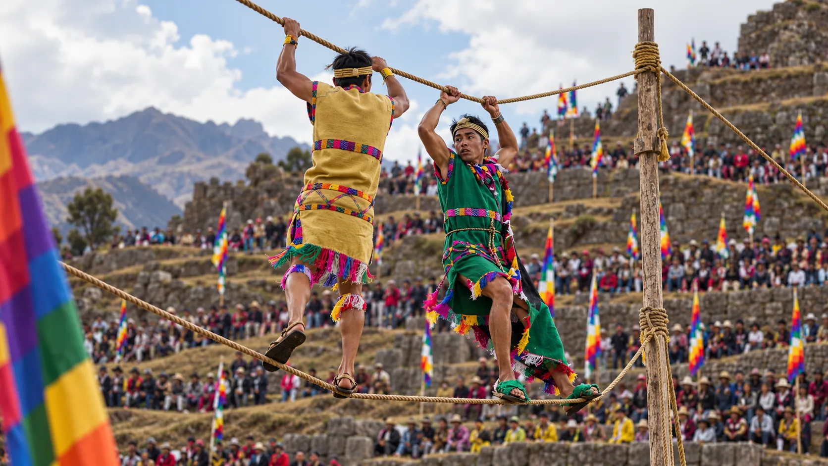 Jóvenes en Sacsayhuamán compitiendo warachicuy