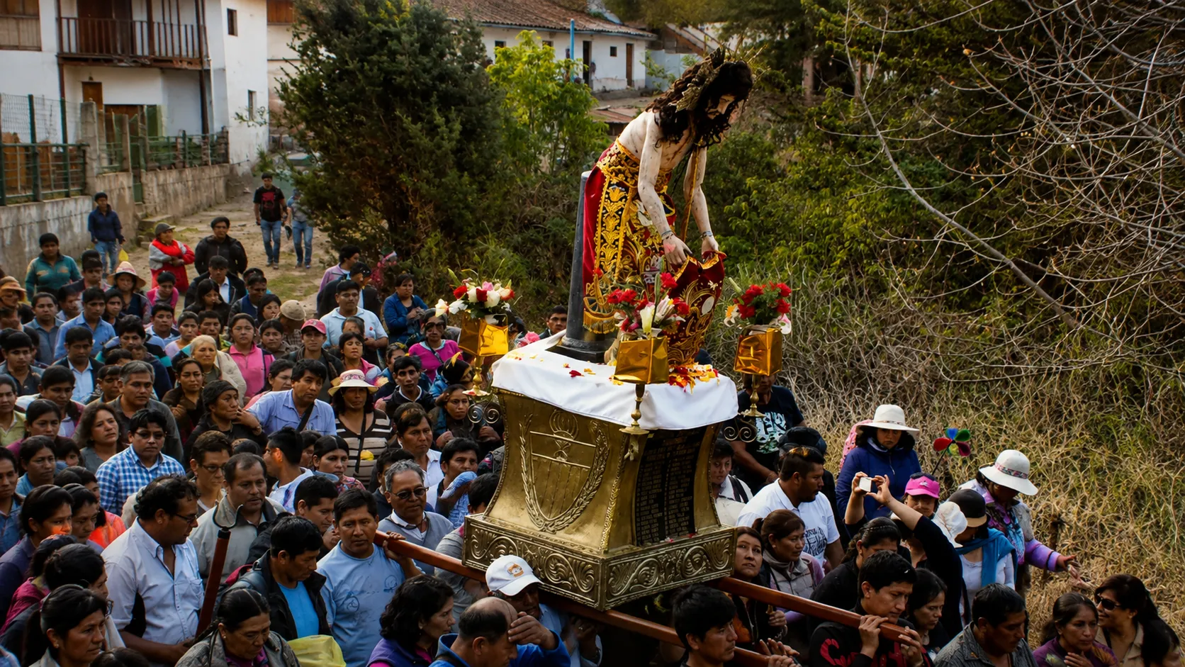 Pilgrims walking at night towards the Lord of Huanca with flashlights and candles