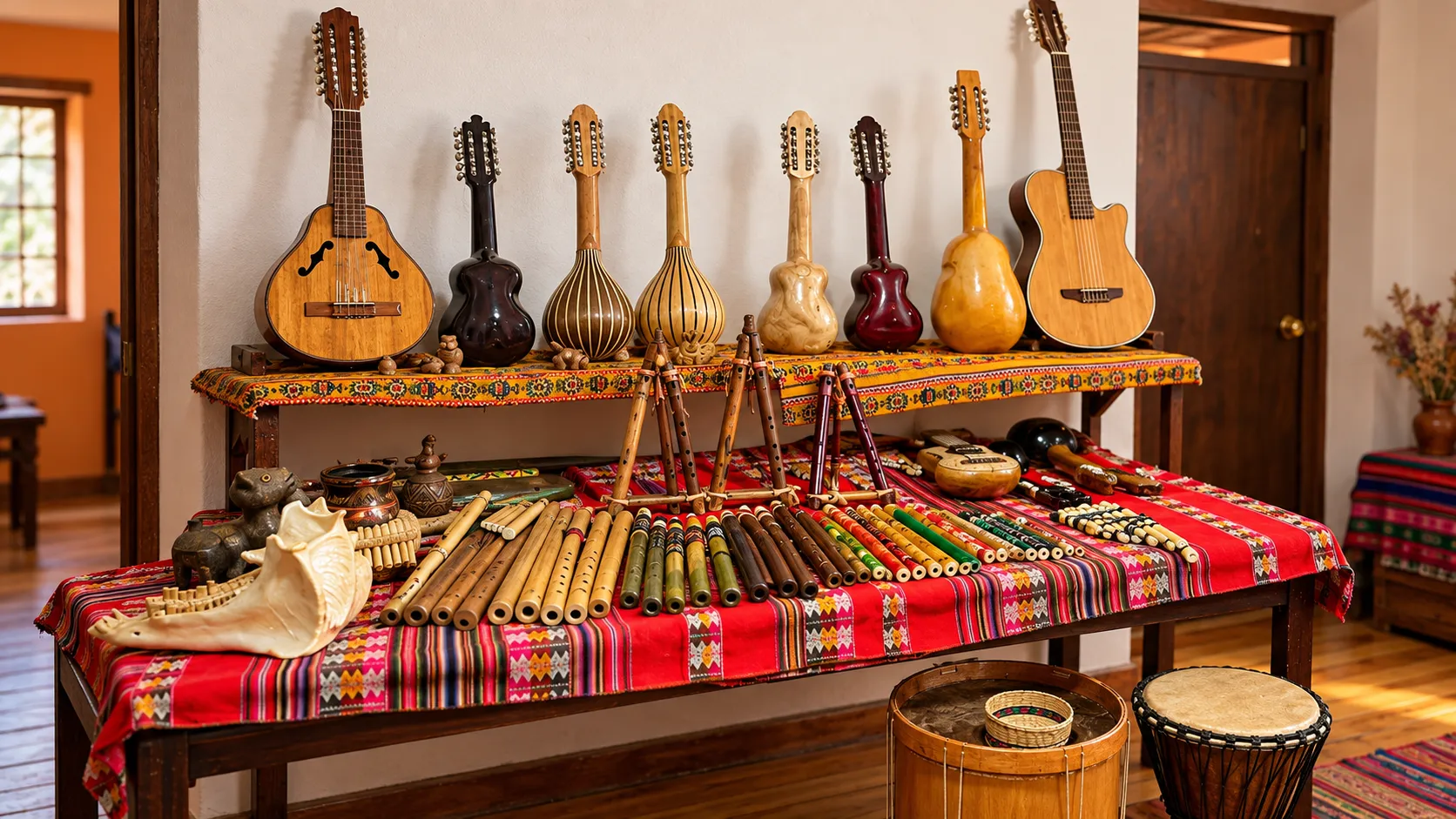 M&uacute;sicos interpretando quenas, wankaras y otros instrumentos andinos durante el inicio del Warachicuy en Sacsayhuam&aacute;n