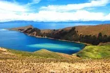 Panoramic view of Sun Island in Lake Titicaca near Copacaban