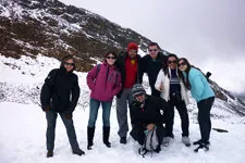 Group of mountain climbers on snowy Chacaltaya near La Paz, 