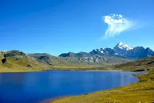 Panoramic view of Andean lake and Mt Huayna Potosi in Bolivi