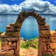 Entry arch to Taquile Island on Lake Titicaca near Puno, Per