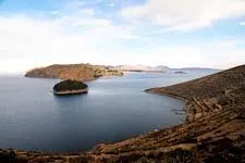 Panoramic view from Sun Island of Lake Titicaca in Bolivia.