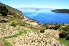 View of the port of Sun Island in Lake Titicaca near Copacab